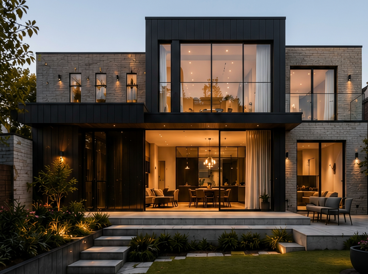 Contemporary black-and-stone residence at dusk with warm interior lighting