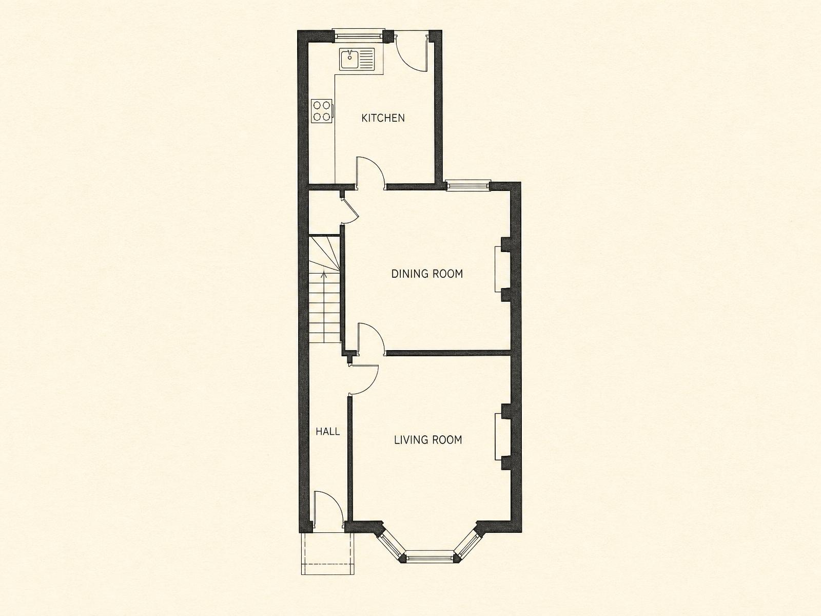 Existing ground floor plan showing separate kitchen, dining room and living room