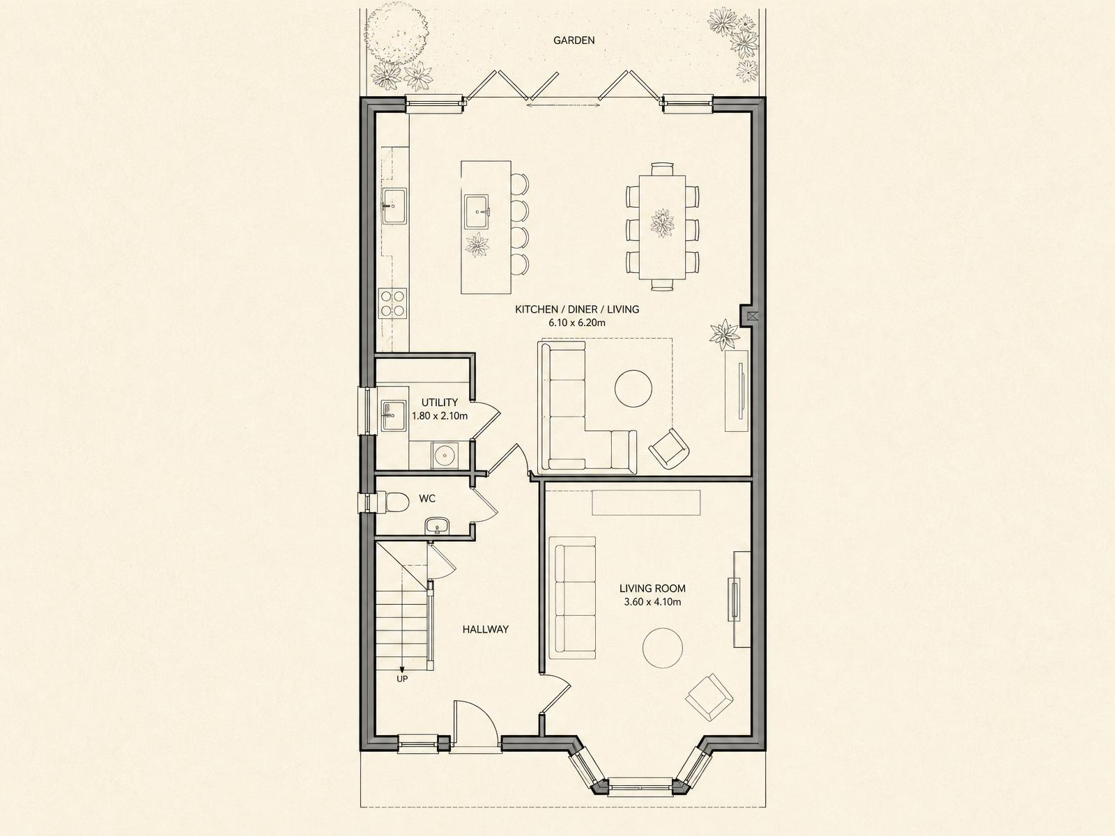 Improved ground floor plan with rear extension creating open plan kitchen diner living space